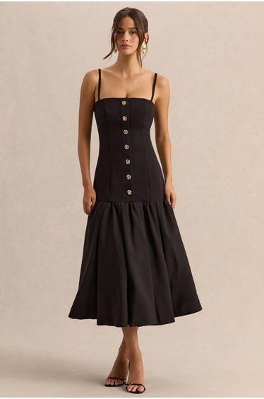 Briella | Black Bandeau Maxi Dress With Gold-Button Detailing