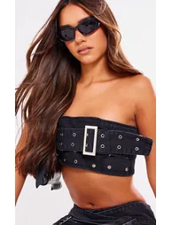 Washed Black Belt Detail Denim Bandeau Crop Top