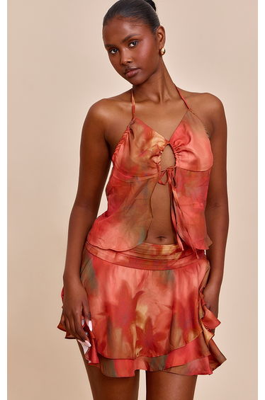 Multi Floral Printed Split Hem Halterneck Cami Top