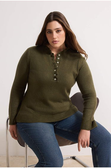 Khaki Collar Detailed Soft Textured Knitwear Sweater
