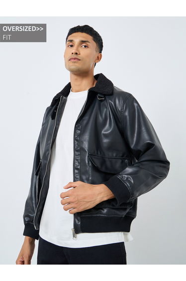 Men Black Leather Look Oversized Bomber Jacket