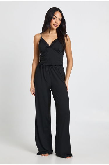 Jersey Lace Trim Cami & Trouser Pyjama Set - black