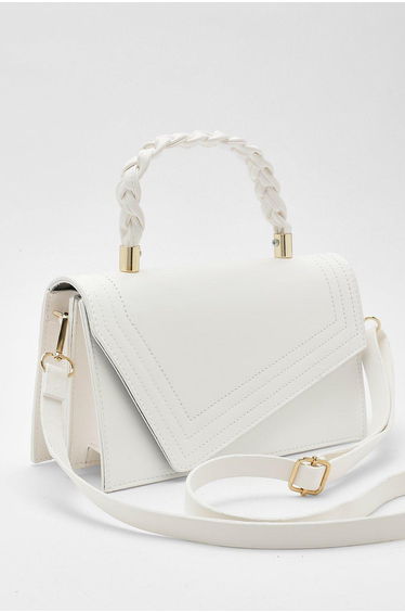 Plait Handle Structured Cross Body Bag - white