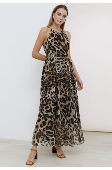 Alluring Animal Print Halter Neck Chiffon Maxi Dress