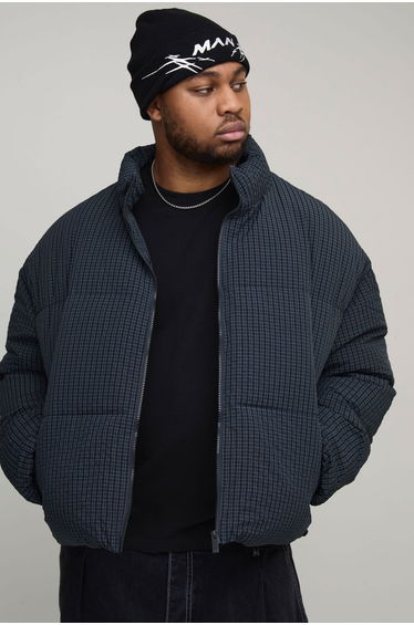 Plus Oversized Check Ripstop Funnel Neck Puffer Jacket - navy