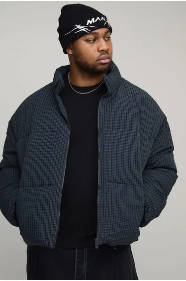 جاكيت منفوخ كاروهات بتصميم واسع بياقة عالية لون كحلي - للمقاسات الكبيرة