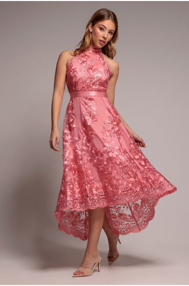 Goddiva Halter Neck Lace High And Low Dress