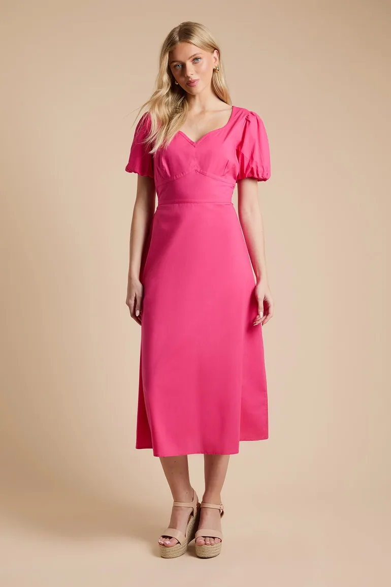 Contrast Stitch Detail Sweetheart Poplin Midi Dress