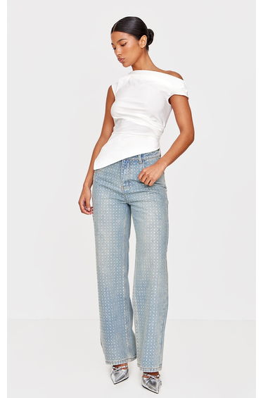 Vintage Light Wash Diamante Front Straight Leg Jeans