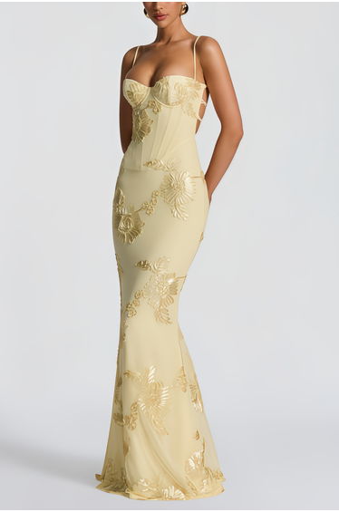 Théoline Yellow Floral Appliqué Corset Maxi Dress