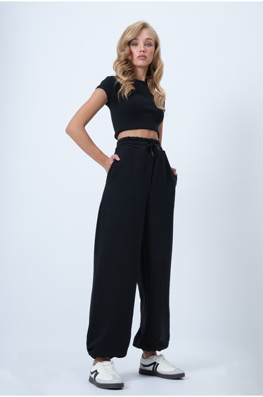 Women's Black Double Pocket Knitted Trousers with Elastic Waist and Legs