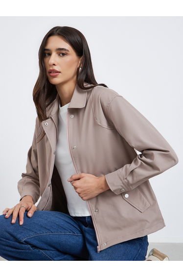 Beige Regular Fit Button-Zip Jacket