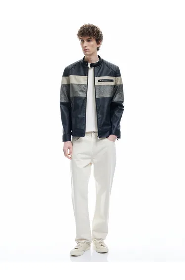 Zipper detailed pocket judge collar long sleeve leather jacket
