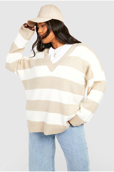 Plus V Neck Stripe Jumper - stone