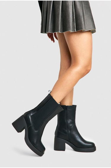 Wide Fit Tab Detail Chunky Calf High Boots - black