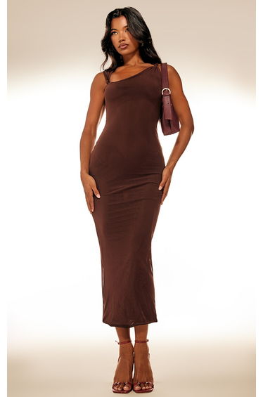 Dark Taupe Lined Mesh Asymmetrical Knotted Midaxi Dress