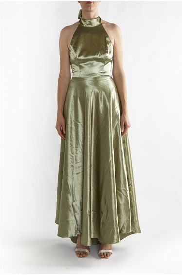 Cleo Sage-Green Halterneck Bias-Cut Maxi-Dress