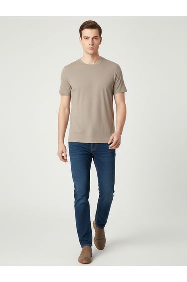 Men Beige Textured Crew Neck T-Shirt