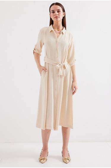 BDART Textured Midi Dress with Shirt Collar and Bow
