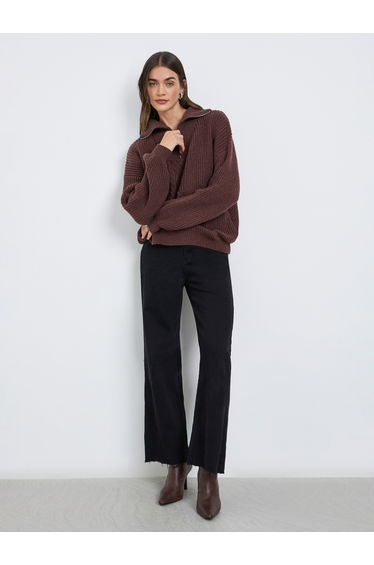 Coffee Brown Cable Knit Half-Zip Sweater