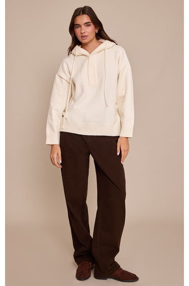 Cream Knitted Button Detail Oversized Hoodie
