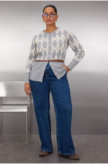 Gray Diamond Patterned Jacket-Look Knitwear Cardigan