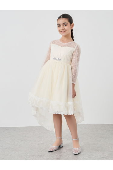 Girls Off White Embroidered High Low Hem Mesh Dress