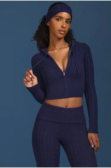 Cable-Knit Zip-Up Hoodie in Navy