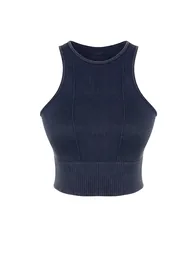 Navy Blue Seamless Crop Acid Washed Halter Neck Sports Blouse - 6