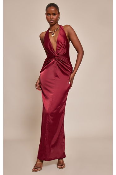 Wine Satin Twist Plunge Halterneck Maxi Dress