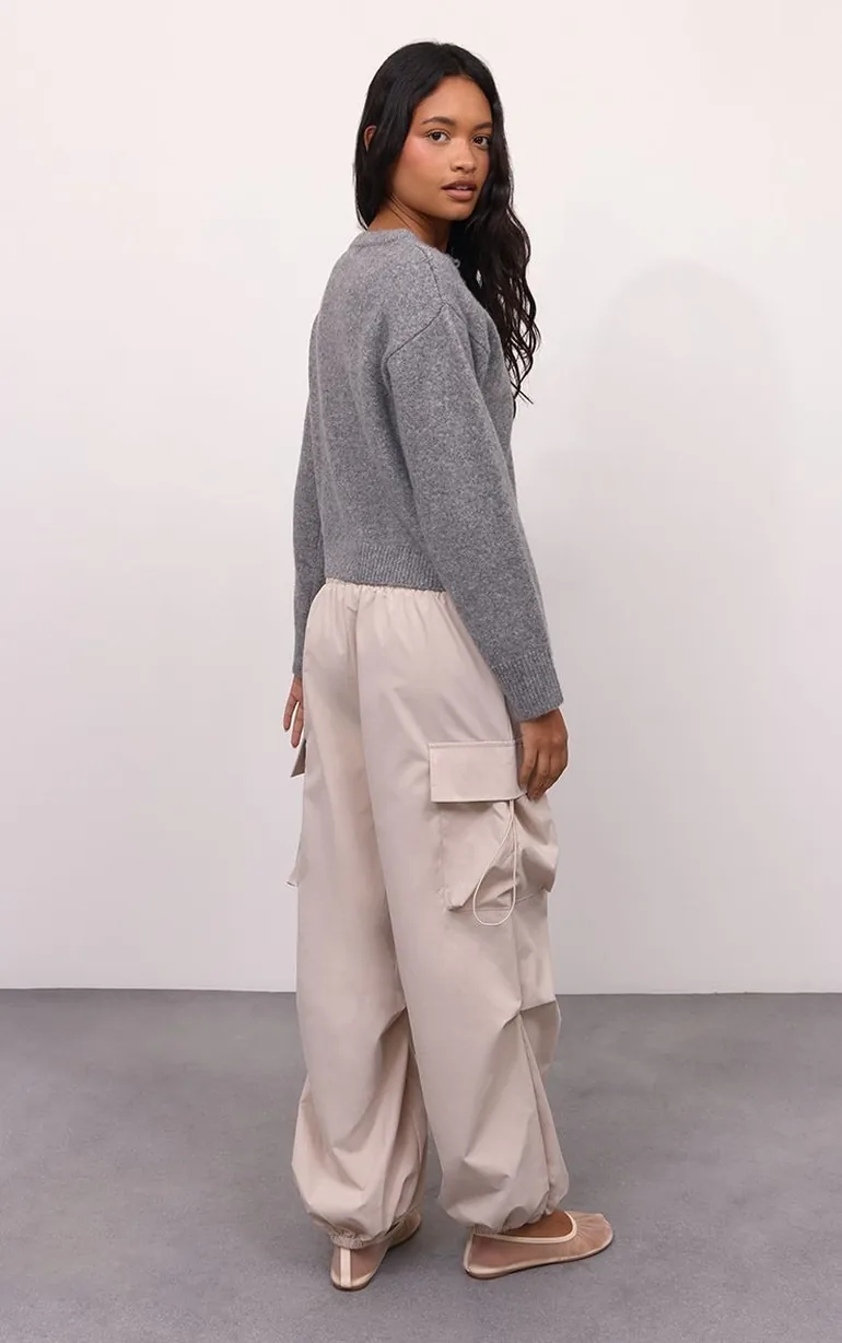 Stone Cargo Drawstring Waist Wide Leg Trousers - 2