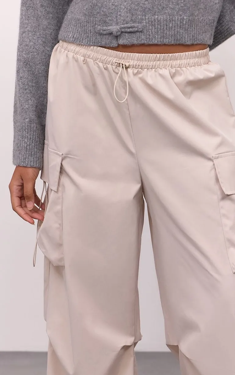 Stone Cargo Drawstring Waist Wide Leg Trousers - 3