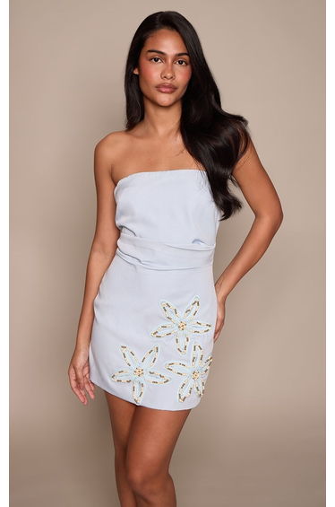 Blue Woven Bandeau Flower Beaded Mini Dress