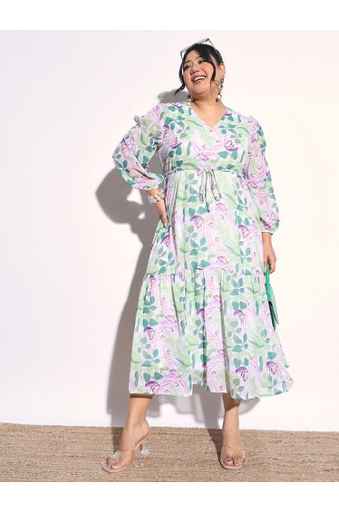 Plus Size Floral Print Tiered Drawstring Midi Dress