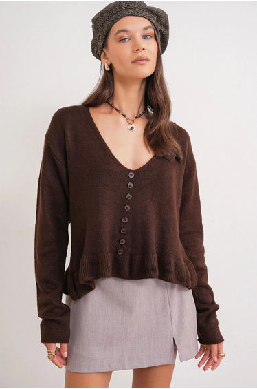 Mixray Lightweight V-Neck Knit Top with Button Detail