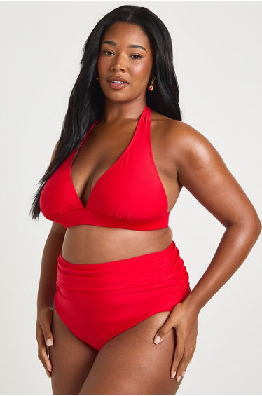 Plus Essentials Plunge Halterneck Bikini Top - red