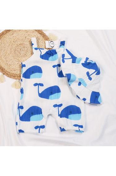 Baby Blue Whales White Romper with Hat