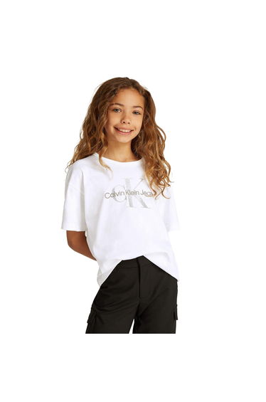Calvin Klein Girls Glitter Logo Crew Neck T-Shirt - White