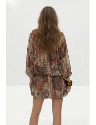 Multi-Colored Ethnic Patterned Balloon Skirted Woven Dress - 2