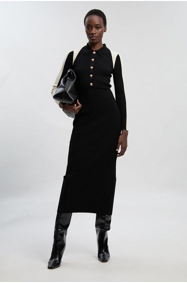 Rib Knit Military Colour Block Midi Dress