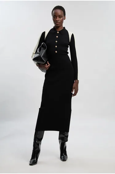 Rib Knit Military Colour Block Midi Dress