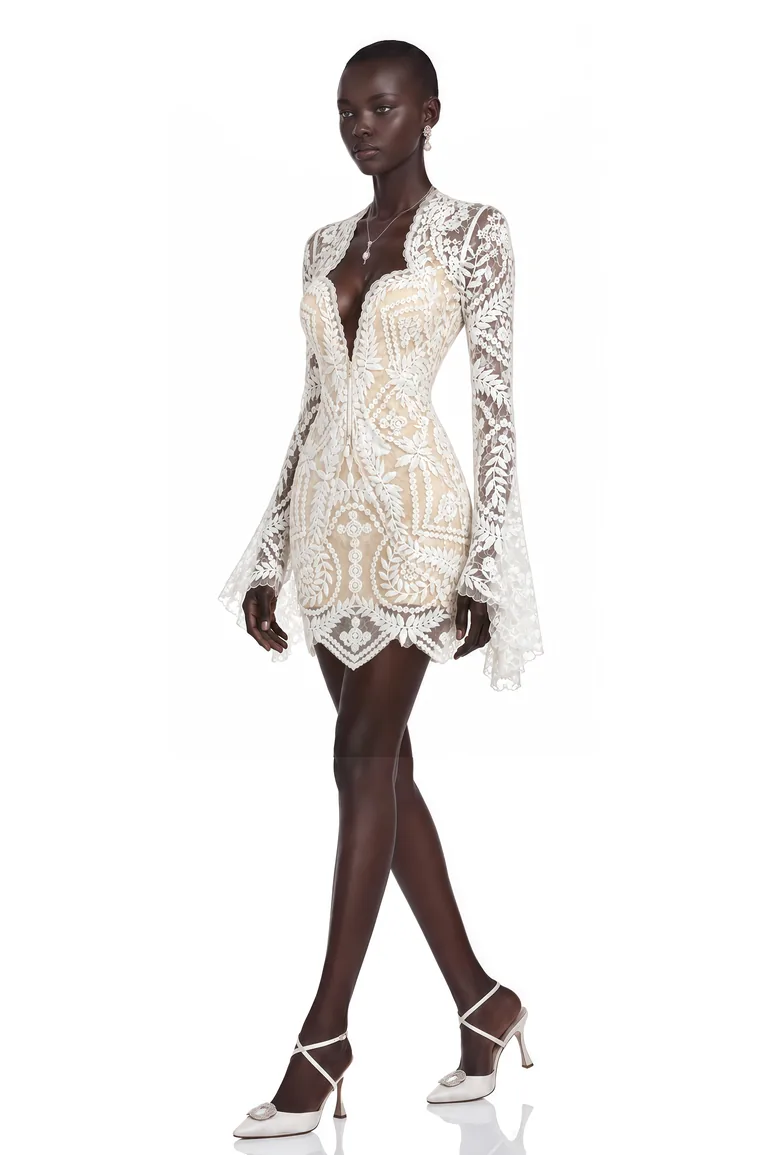 Emanuela White Plunge Neck Top & Skirt Set with Bell Sleeves - 8