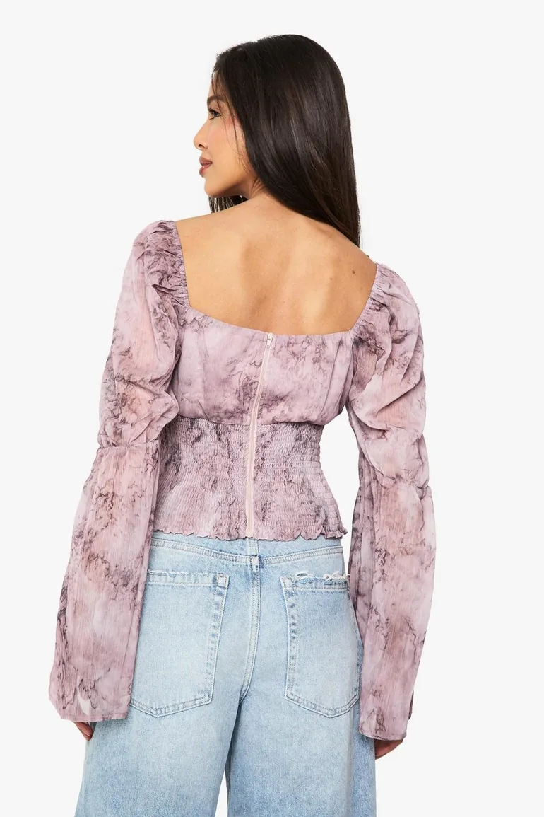 Floral Chiffon Tie Front Shirred Blouse - mauve - 2