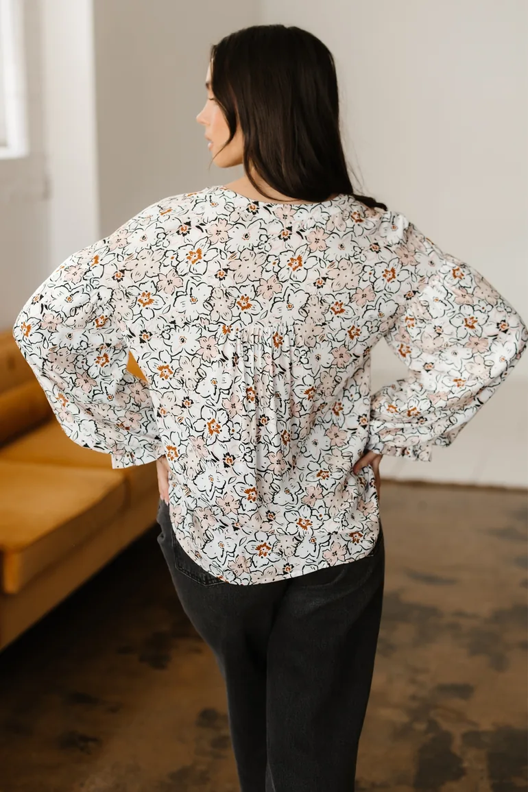 Lvness Khaki Bold Floral Print Frilled Puff Sleeve Button Down Shirt - 3