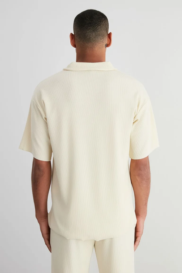 Limited Edition Ecru Men's Oversize/Wide Cut Textured Anti-Wrinkle Ottoman Seamless Polo Collar T-Shirt - 5