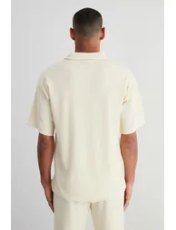 Limited Edition Ecru Men's Oversize/Wide Cut Textured Anti-Wrinkle Ottoman Seamless Polo Collar T-Shirt - 5