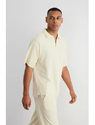 Limited Edition Ecru Men's Oversize/Wide Cut Textured Anti-Wrinkle Ottoman Seamless Polo Collar T-Shirt - 1