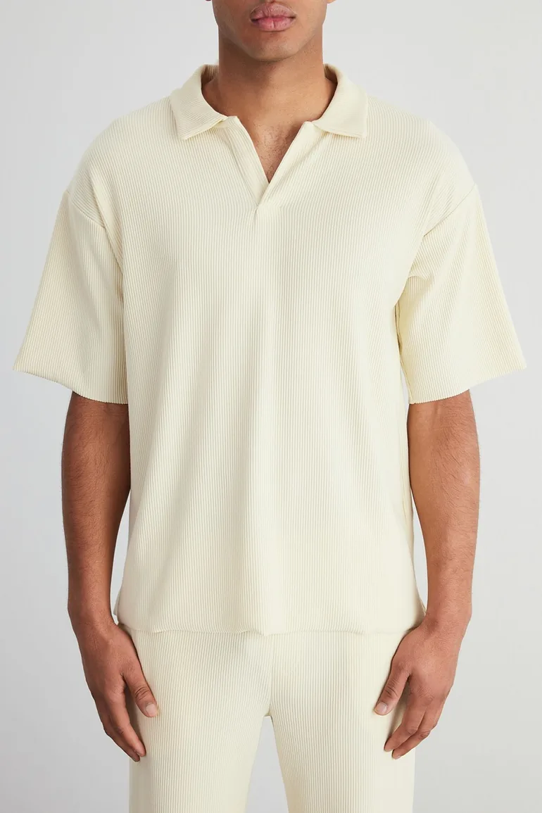 Limited Edition Ecru Men's Oversize/Wide Cut Textured Anti-Wrinkle Ottoman Seamless Polo Collar T-Shirt - 3