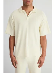 Limited Edition Ecru Men's Oversize/Wide Cut Textured Anti-Wrinkle Ottoman Seamless Polo Collar T-Shirt - 3