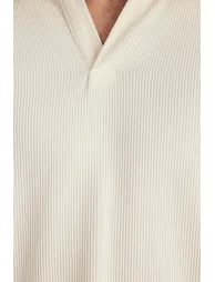 Limited Edition Ecru Men's Oversize/Wide Cut Textured Anti-Wrinkle Ottoman Seamless Polo Collar T-Shirt - 4